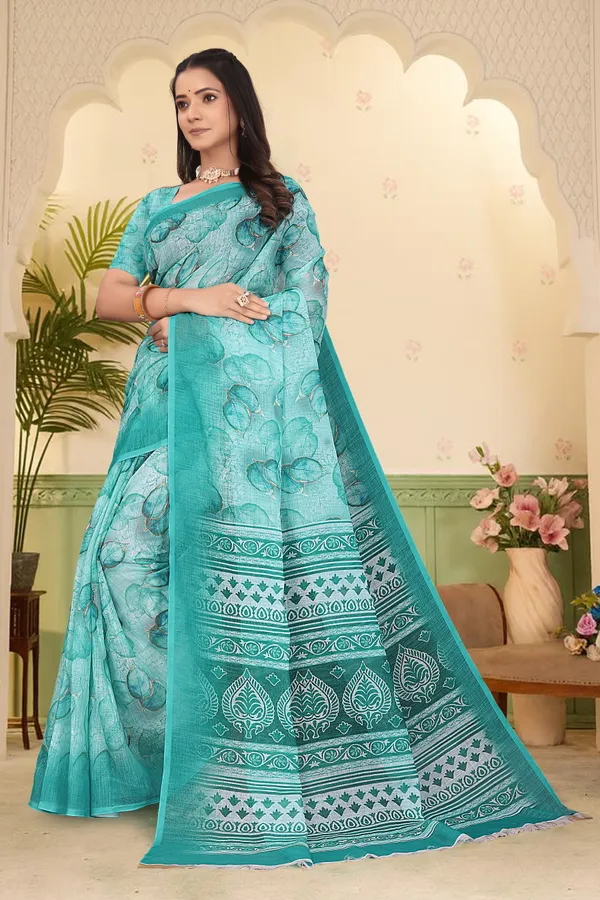 Dark_Green_Cotton_Linen_Digital_Print_Saree_For_Women