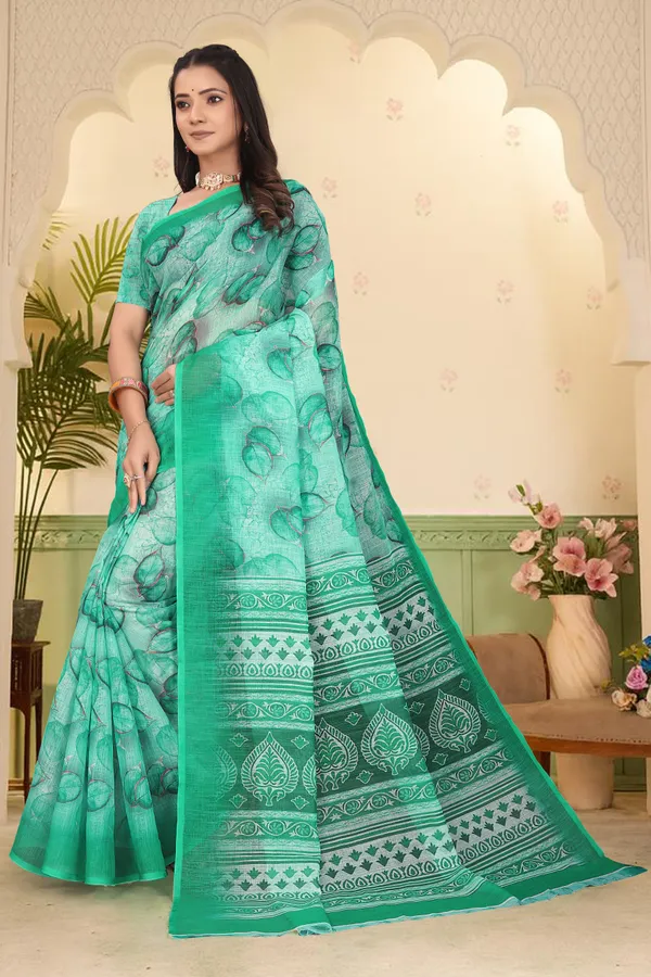 Green_Cotton_Linen_Digital_Print_Saree_For_Women
