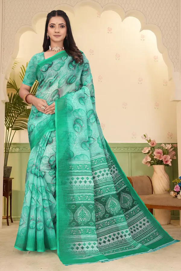 Green_Cotton_Linen_Digital_Print_Saree_For_Women