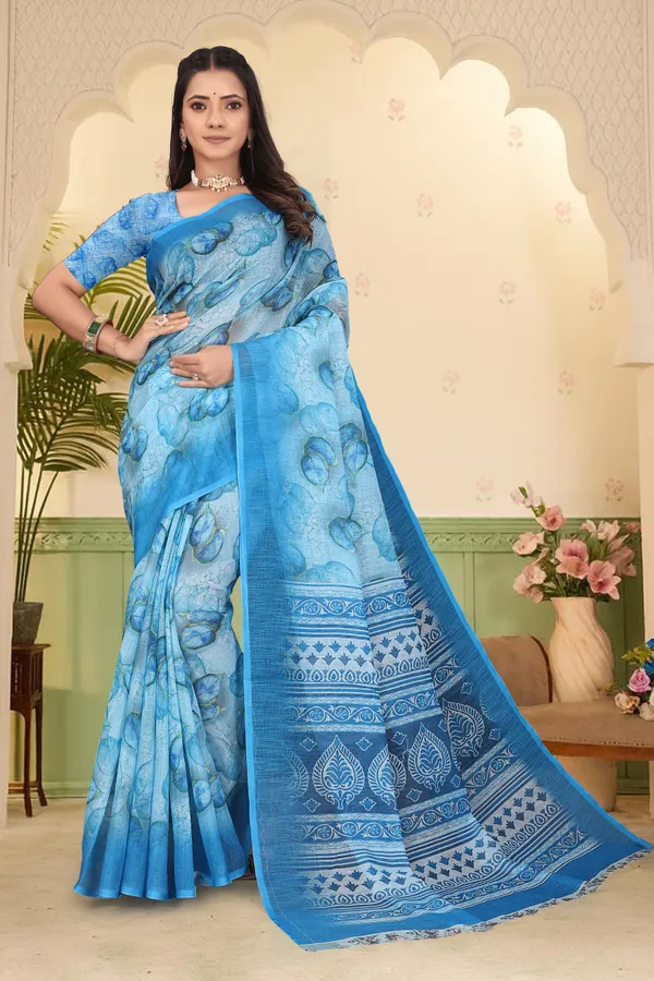 Blue_Cotton_Linen_Digital_Print_Saree_For_Women
