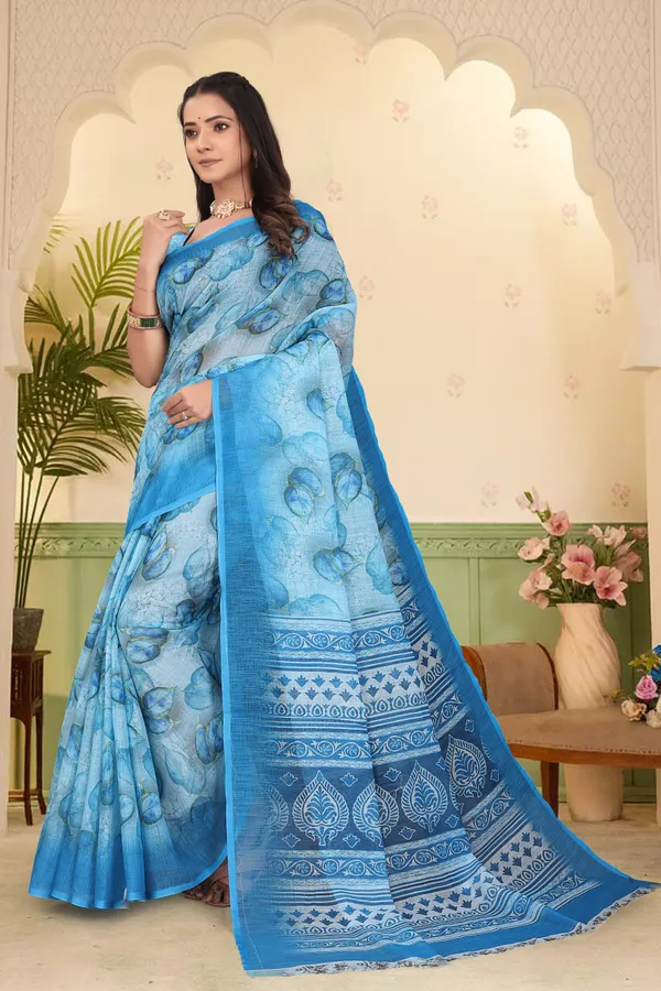 Blue_Cotton_Linen_Digital_Print_Saree_For_Women