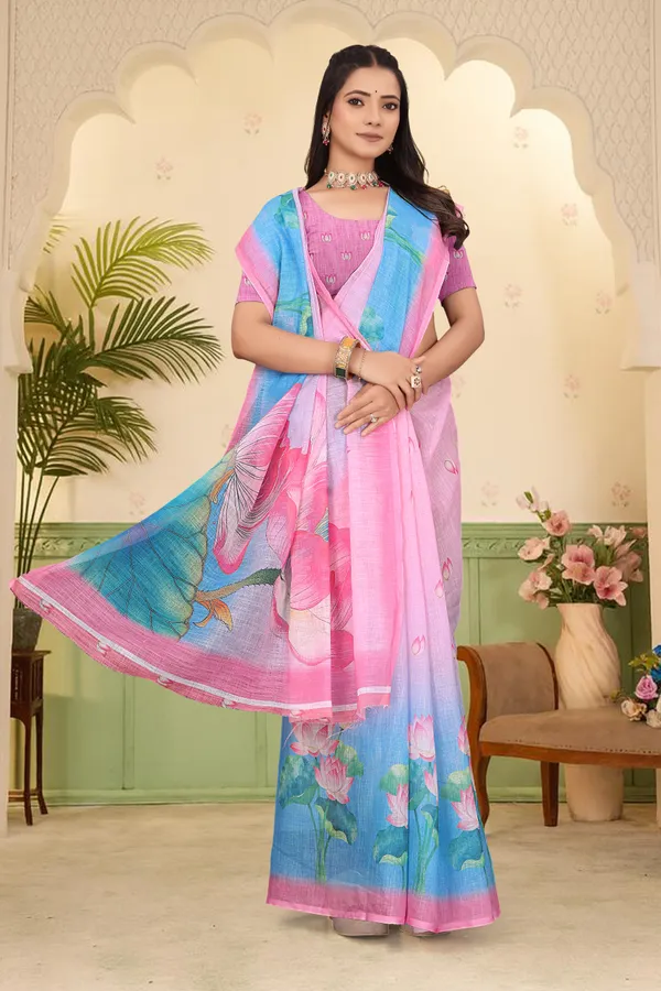 Pink_Cotton_Linen_Digital_Print_Saree_For_Women