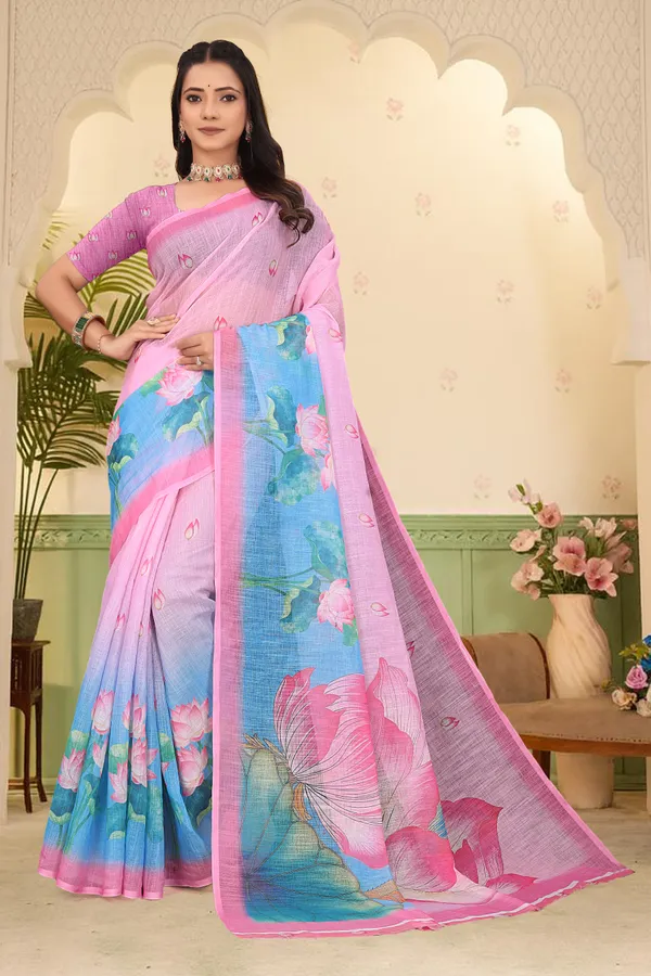 Pink_Cotton_Linen_Digital_Print_Saree_For_Women