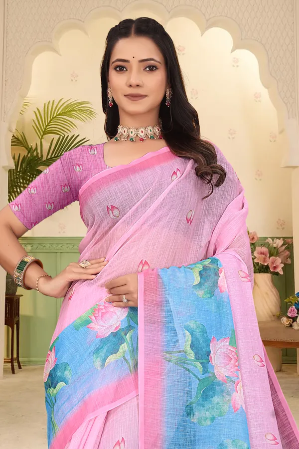 Pink_Cotton_Linen_Digital_Print_Saree_For_Women