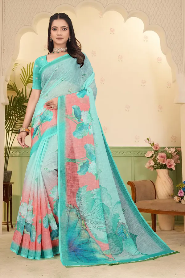 Green_Cotton_Linen_Digital_Print_Saree_For_Women