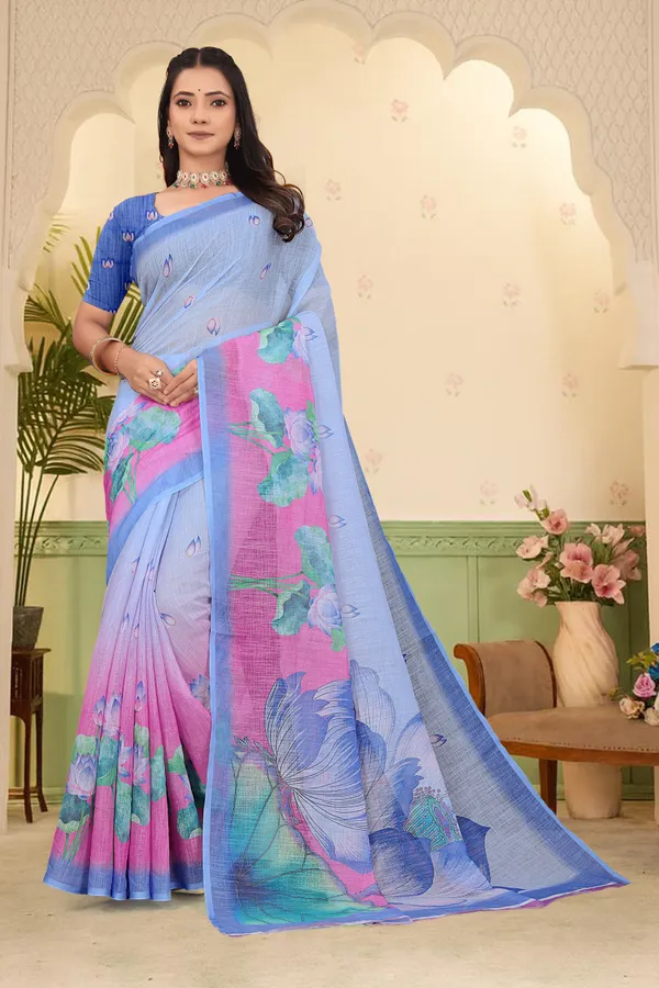 Blue_Cotton_Linen_Digital_Print_Saree_For_Women