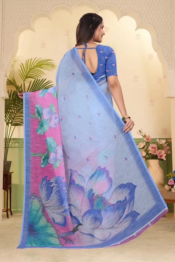 Blue_Cotton_Linen_Digital_Print_Saree_For_Women