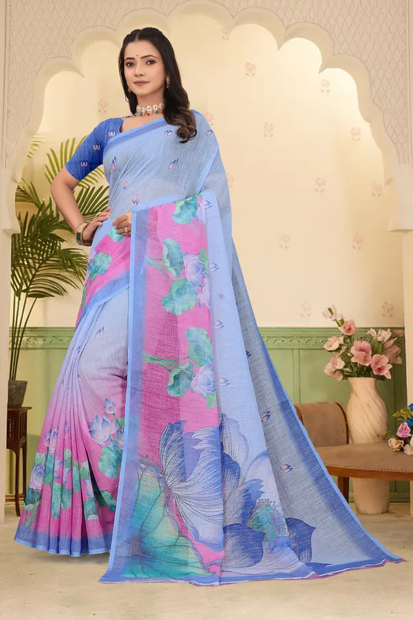 Blue_Cotton_Linen_Digital_Print_Saree_For_Women