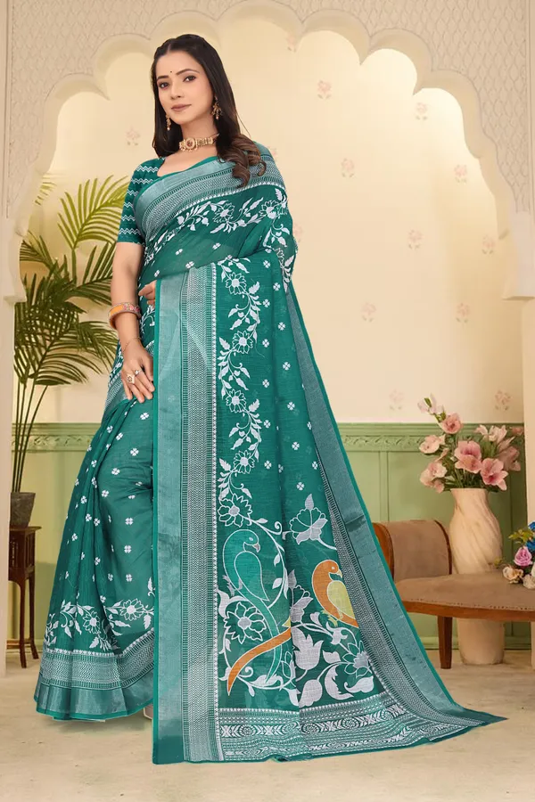 Dark_Green_Cotton_Linen_Digital_Print_Saree_For_Women