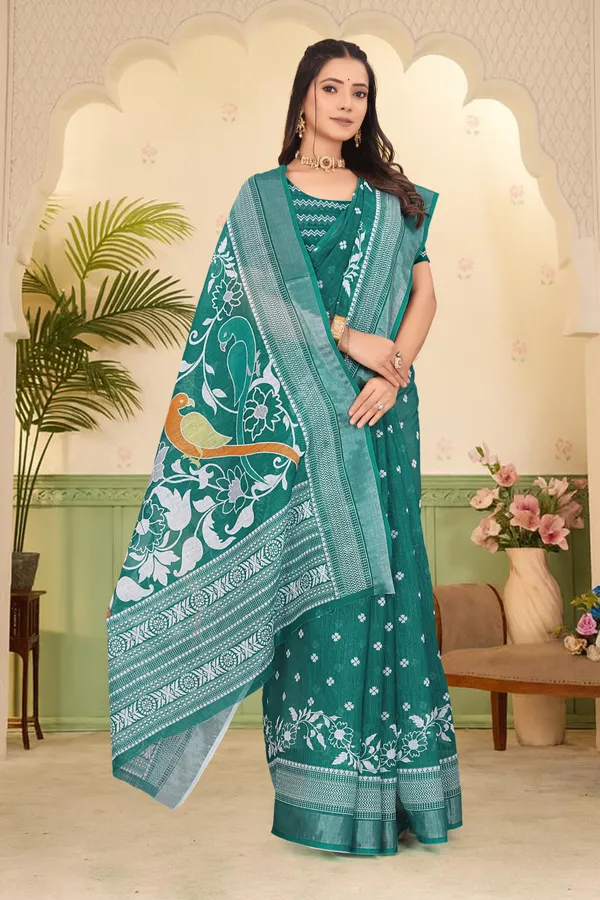 Dark_Green_Cotton_Linen_Digital_Print_Saree_For_Women