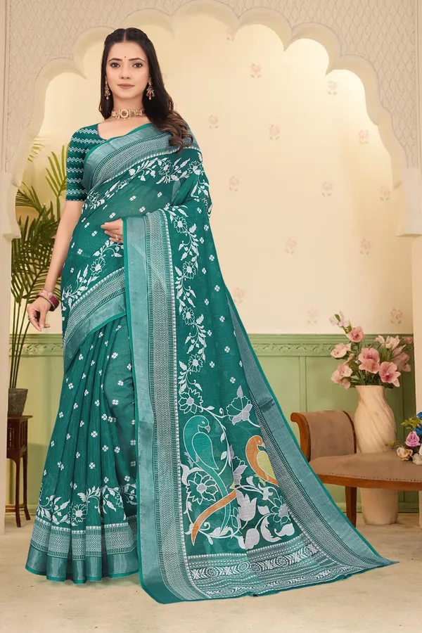 Dark_Green_Cotton_Linen_Digital_Print_Saree_For_Women