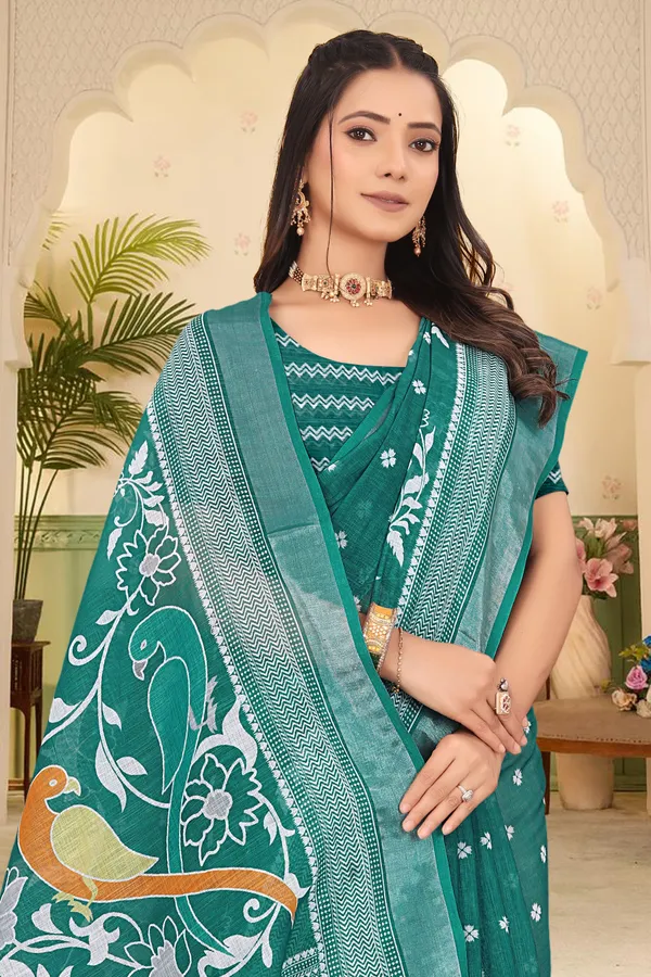 Dark_Green_Cotton_Linen_Digital_Print_Saree_For_Women