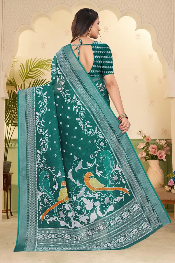 Dark_Green_Cotton_Linen_Digital_Print_Saree_For_Women
