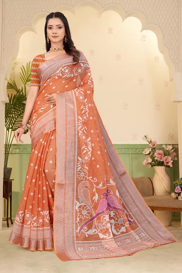 Orange_Cotton_Linen_Digital_Print_Saree_For_Women