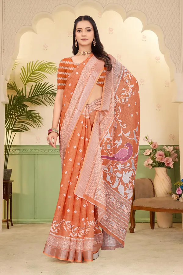 Orange_Cotton_Linen_Digital_Print_Saree_For_Women