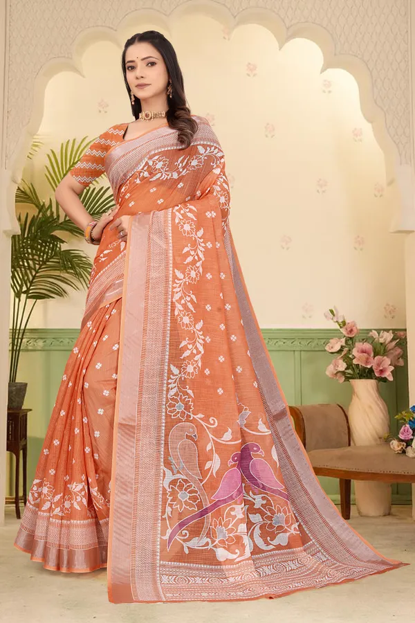 Orange_Cotton_Linen_Digital_Print_Saree_For_Women