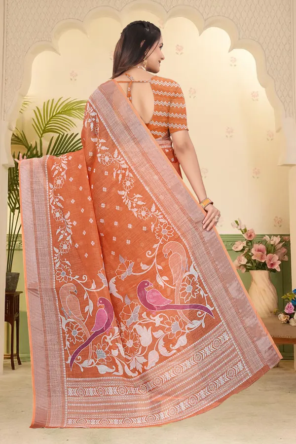 Orange_Cotton_Linen_Digital_Print_Saree_For_Women