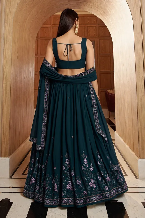 Teal_Georgette_Sleeveless_Floral_Embroidered_Lehenga_Choli_For_Women