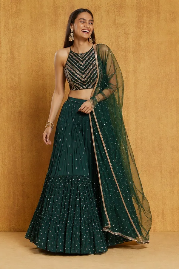 Dark_Green_Georgette_Sleeveless_Embellished_Lehenga_Set_For_Women