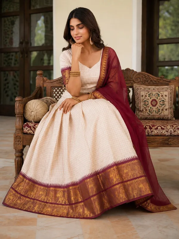 Beige_Cotton_Short_Sleeve_Checked_Lehenga_Choli_For_Women