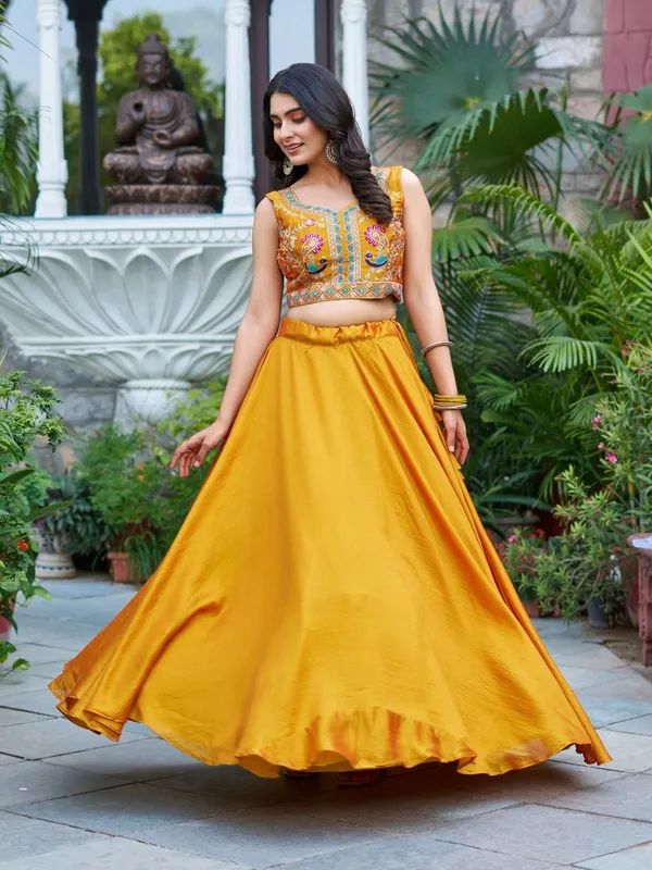 Mustard_Vichitra_Short_Sleeve_Embroidered_Fit_And_Flare_Lehenga_Set_For_Women