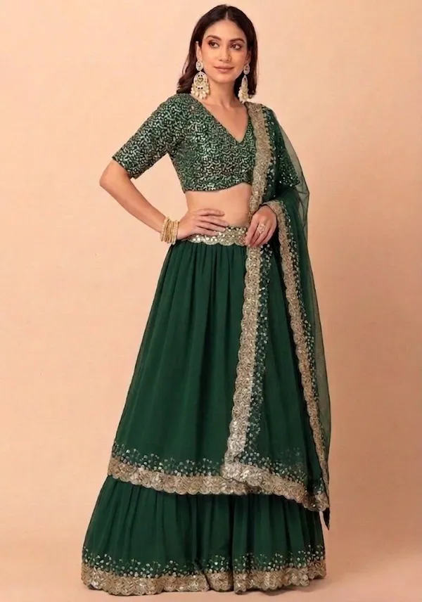Green_Georgette_Short_Sleeve_Embroidered_Lehenga_Choli_For_Women