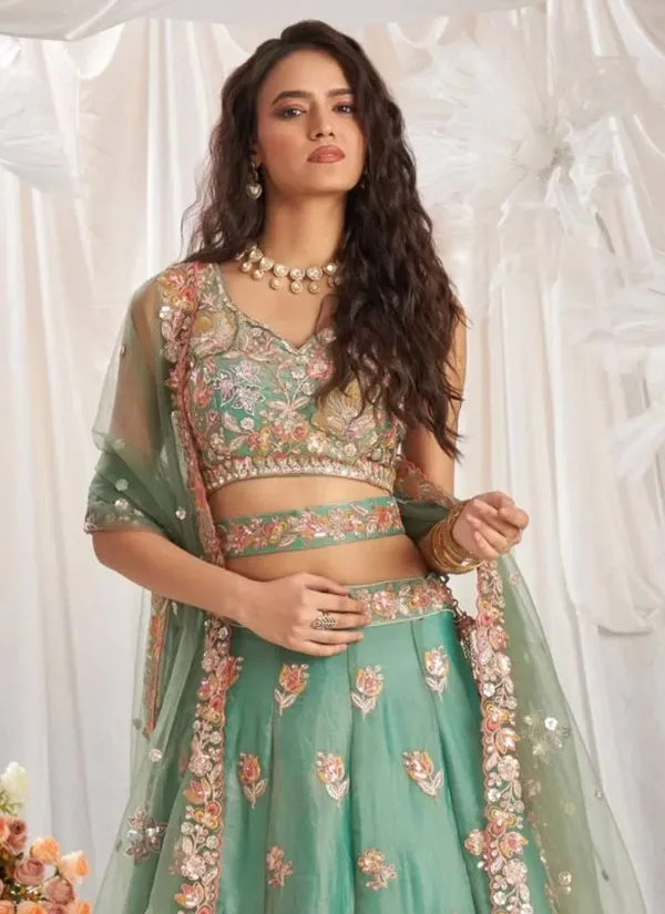 Green_Fandy_Sleeveless_Floral_Embroidered_Lehenga_Choli_For_Women