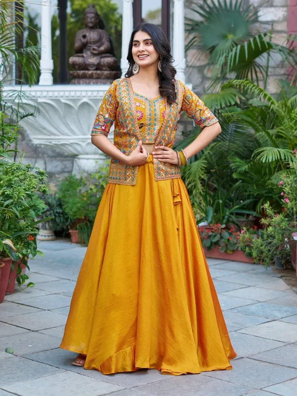 Mustard_Vichitra_Short_Sleeve_Embroidered_Fit_And_Flare_Lehenga_Set_For_Women