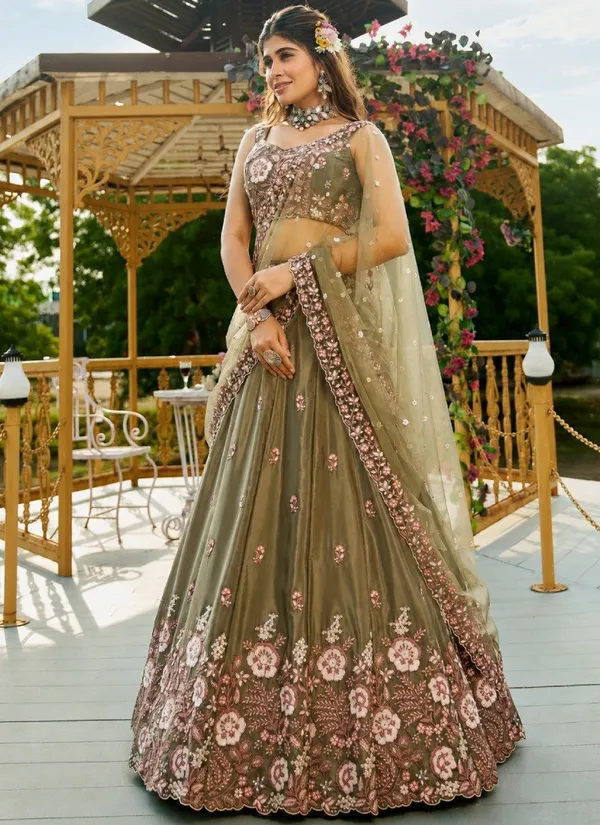 Olive_Green_Crepe_Sleeveless_Embroidered_Lehenga_Set_For_Women