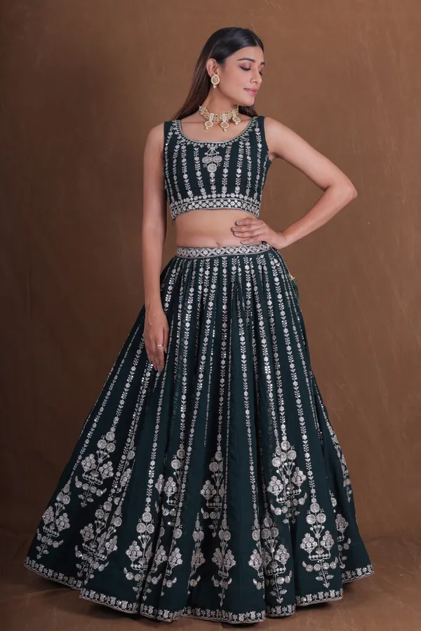 Dark_Green_Georgette_Sleeveless_Embroidered_Lehenga_Choli_For_Women