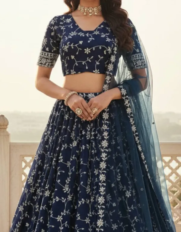 Navy_Georgette_Short_Sleeve_Floral_Print_Lehenga_Choli_For_Women