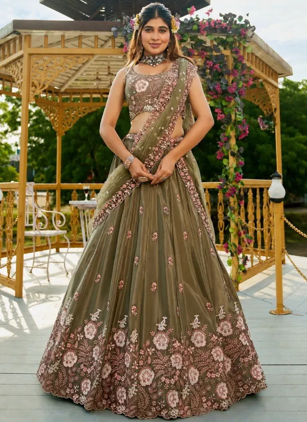 Olive_Green_Crepe_Sleeveless_Embroidered_Lehenga_Set_For_Women