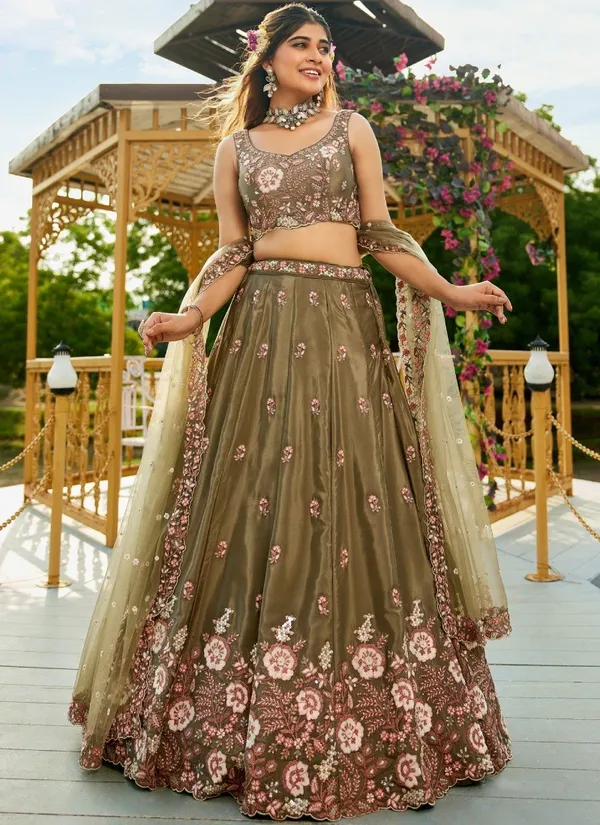 Olive_Green_Crepe_Sleeveless_Embroidered_Lehenga_Set_For_Women