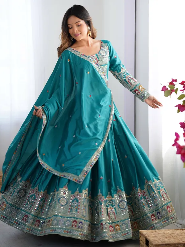 Teal_Crepe_Embroidered_Saree_For_Women
