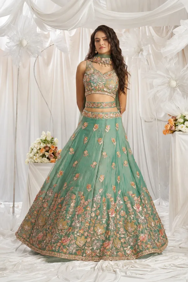 Green_Fandy_Sleeveless_Floral_Embroidered_Lehenga_Choli_For_Women