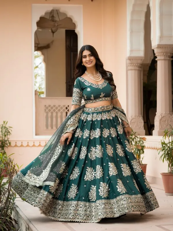 Green_French_Crepe_Short_Sleeve_Embroidered_Lehenga_Choli_For_Women