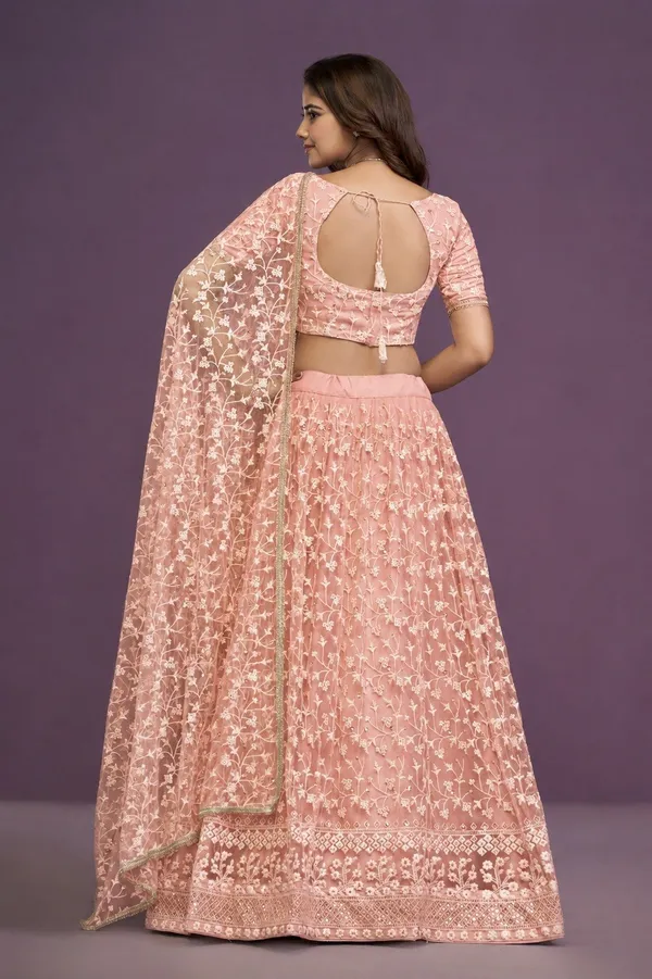 Peach_Net_Short_Sleeve_Floral_Embroidered_Lehenga_Choli_Set_For_Women