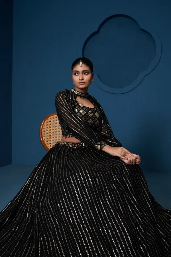 Black_Georgette_Puff_Sleeve_Embellished_Lehenga_Choli_Set_For_Women