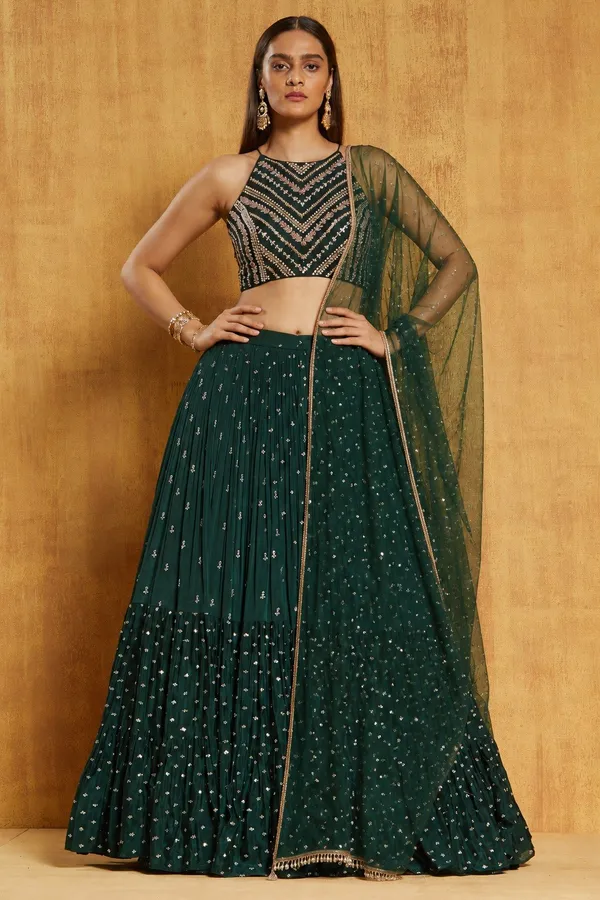 Dark_Green_Georgette_Sleeveless_Embellished_Lehenga_Set_For_Women