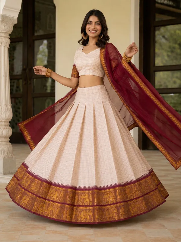 Beige_Cotton_Short_Sleeve_Checked_Lehenga_Choli_For_Women