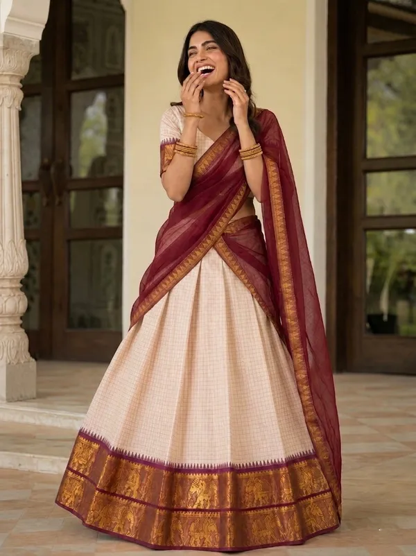 Beige_Cotton_Short_Sleeve_Checked_Lehenga_Choli_For_Women