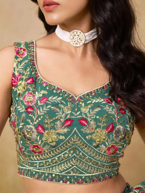 Green_Georgette_Sleeveless_Embroidered_Lehenga_Choli_For_Women