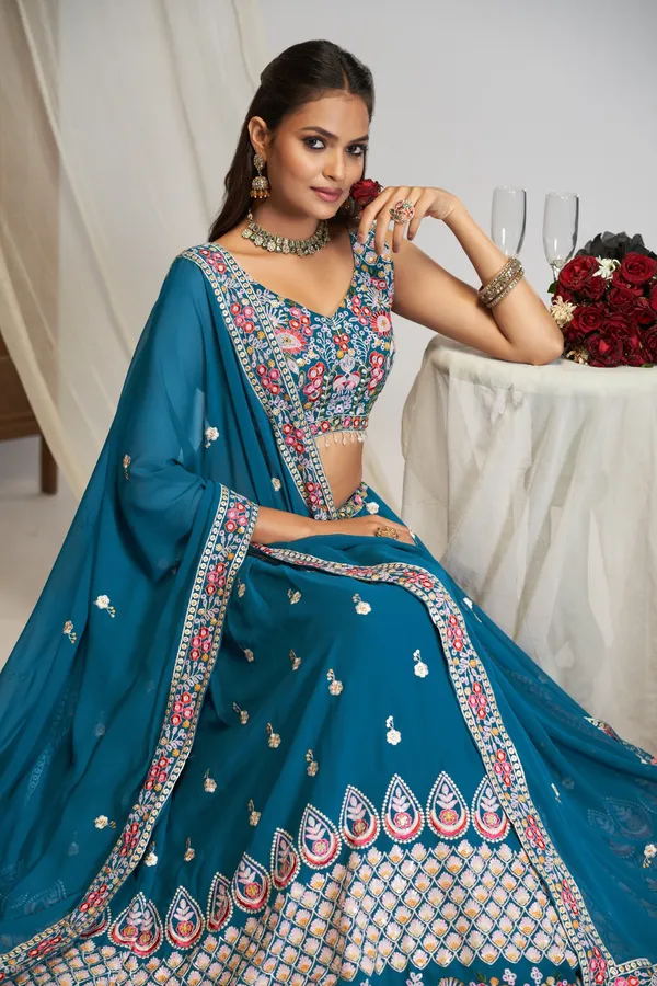 Teal_Georgette_Sleeveless_Embroidered_Lehenga_Choli_Set_For_Women