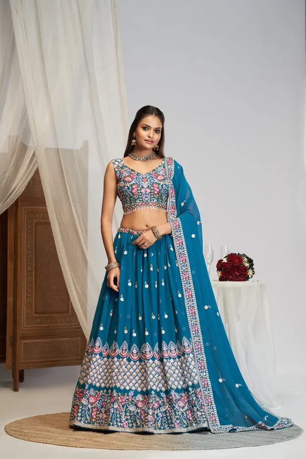 Teal_Georgette_Sleeveless_Embroidered_Lehenga_Choli_Set_For_Women