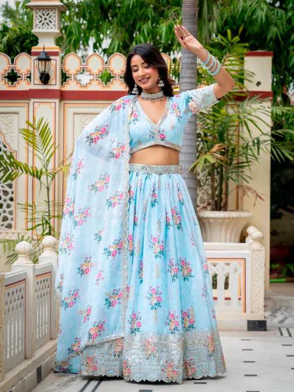 Light_Blue_Georgette_Short_Sleeve_Floral_Print_Lehenga_Choli_For_Women