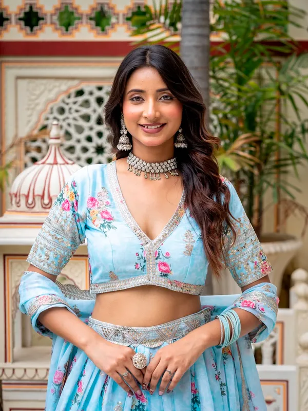 Light_Blue_Georgette_Short_Sleeve_Floral_Print_Lehenga_Choli_For_Women