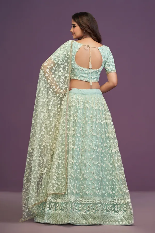 Mint_Green_Net_Short_Sleeve_Embroidered_Lehenga_Choli_For_Women