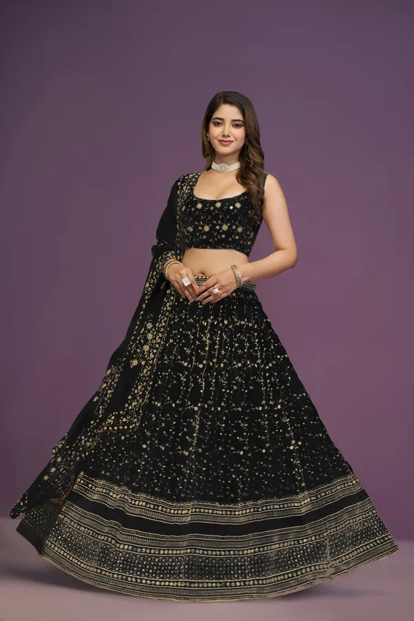 Black_Georgette_Sleeveless_Floral_Embroidered_Lehenga_Choli_Set_For_Women