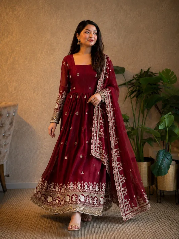 Maroon_Satin_Flared_Embroidered_Anarkali_Dress_Set_For_Women