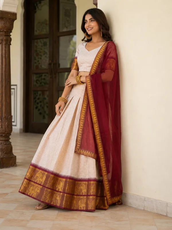 Beige_Cotton_Short_Sleeve_Checked_Lehenga_Choli_For_Women